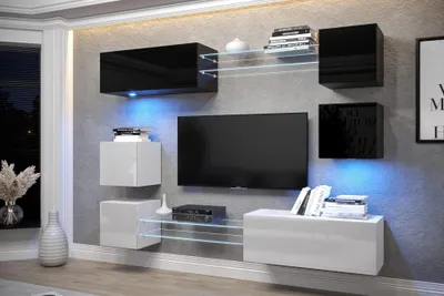 Produktbild von Furnitech Wohnwand Wohnzimmer - Wohnzimmer Möbel mit LED Weiß - Hängend Wohnwand Modern - Regale und TV Schrank (AN65N-21BW-HG3)