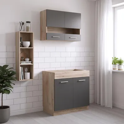 Image de Cuisine compacte 80 cm sans évier ni appareils | kitchenette avec meubles | gris mat, chêne et verre