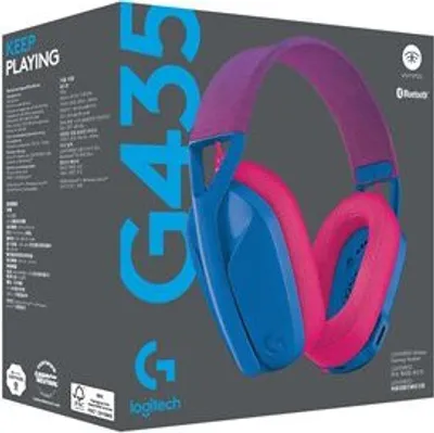 The image shows the packaging of a pair of blue, pink, and purple Logitech G435 Lightspeed headphones.