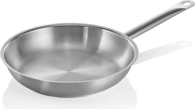 A stainless steel frying pan on a white background.
