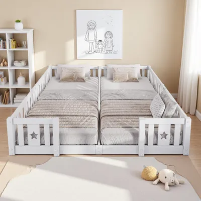 Obrázek produktu pro ProximaX Bílá postel s dvojitou podlahou a zábradlím 90 x 200 cm, postel z borového dřeva s hvězdicovým vzorem, dětské bezpečnostní zábradlí, nosnost 100 kg, evropský styl pro dětské pokoje a ložnice
