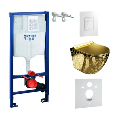 Produktbild von GROHE Vorwandelement Solido + Wand Hänge WC Sofi Slim Golden Eye Gold Spülrandlos + WC-Sitz SoftClose | Glänzend Weiß Knopf | Komplettset | Unterputz Spülkasten |  Toilette Komplett Sett
