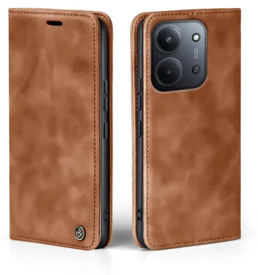 A brown flip case for a smartphone is shown from two angles.