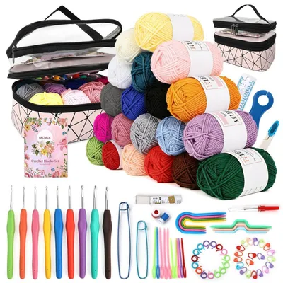 Produktbild von Häkelset für Anfänger, 91 Teile, 20 Wolle, ergonomische Nadeln 2-8mm, Aufbewahrungstasche, Rosa