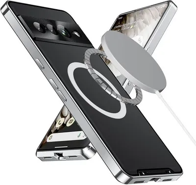 Two smartphones are shown diagonally, one in front of the other, with a magnetic charger attached to the front phone.