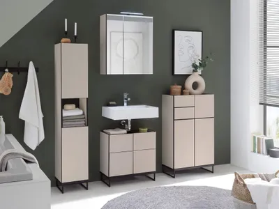 Produktbild von Badezimmer Badmöbel Set 1 VENEZIA kaschmir Hochschrank Spiegelschrank Wbu Highboard 60 cm