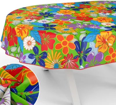 Produktbild von Tischdecke Blumen mit Blumen Botanik aus Stoff Tischwäsche mit Beschichtung Tischtuch Popart Bunt Oval Breite 140cm Länge 260cm mit Paspelband