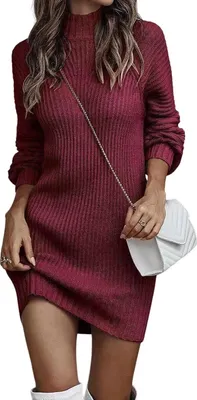 Produktbild von ASKSA Damen Strickkleid Rollkragen Pullikleid Elegant Pulloverkleid Freizeit Midikleid Tops, Rotwein, M