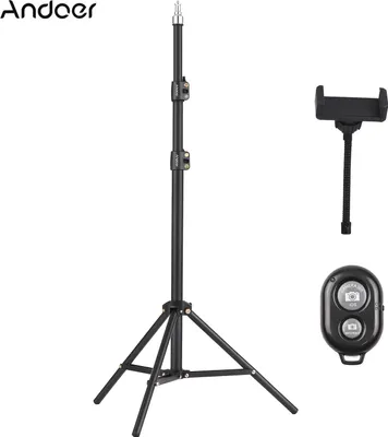 Produktbild von Andoer 210 cm přenosný kovový světelný stojan, nastavitelný s držákem telefonu a dálkovým ovládáním pro softbox, LED video světlo, kruhové světlo
