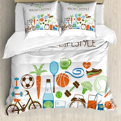 Obrázek produktu pro Sada povlečení ABAKUHAUS Fitness, téma zdraví Athletic Energetic Life Routine Wellness Gym Equipment Vegetables, 155 x 220 cm + 80 x 80 cm, vícebarevné