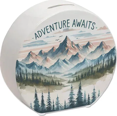 Produktbild von Bergpanorama Spardose mit Spruch Adventure Awaits