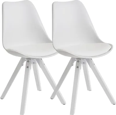 Produktbild von 2er Set Retro Esszimmerstuhl Weiß Skandinavisch | Polsterstuhl Rückenlehne | Küchenstuhl mit weißen Beinen | Stuhl Kunstleder gepolstert