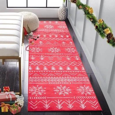 Produktbild von Famanu Teppich Weihnachtsdeko 60 x 240 cm - Antirutsch, Mikrofaser, Schneeflocken, Rot