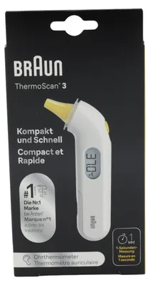 Produktbild von Braun ThermoScan 3, Kontakt, Weiß, Ohr, °C, °F, 34 - 42,2 °C, 1 s