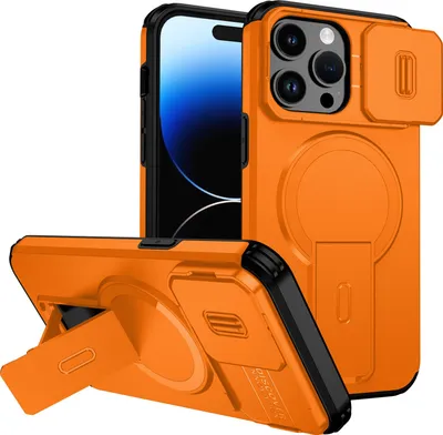 An orange iPhone 14 Pro case with a kickstand and camera cover is shown from multiple angles.