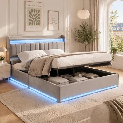 Imagen del producto de INONEFT, cama tapizada de 160x200, cama doble moderna con LED y USB, cama hidráulica con espacio de almacenamiento y somier, color gris terciopelo, sin colchón