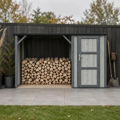 Obrázek produktu pro TIMBELA M985-TUNDRA CAVERN Přístřešek na dřevo s kůlnou 4,14 m², přístřešek na palivové dřevo s uzavřeným úložným prostorem
