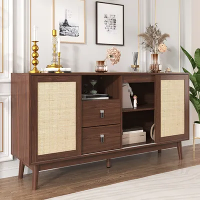 Productafbeelding van AIORBER Kommode, ruime opbergruimte, riet, 3 schuifdeuren, 2 lades, ademend, stabiel, dressoir, geschikt voor eetkamer of woonkamer, 155x38x80cm, bruin