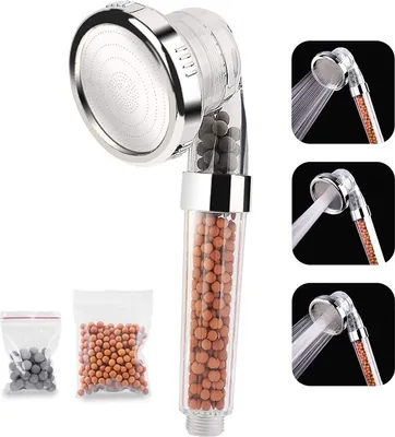 A shower head with filter beads and two small bags of filter beads next to it. Three inset images show the shower head in use with different spray patterns.