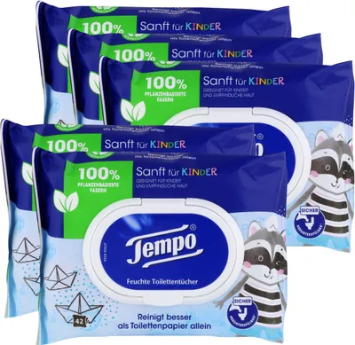 Produktbild von Tempo Feuchte Toilettentücher Sanft für Kinder 42 Tücher (5er Pack)