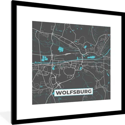 Produktbild von MuchoWow® Gerahmtes Poster Blau - Deutschland - Karte - Stadtplan - Wolfsburg 40x40 cm - Poster mit Schwarzem Bilderrahmen Wandposter Rahmen Foto Bilder - Poster - Plakat im Rahmen