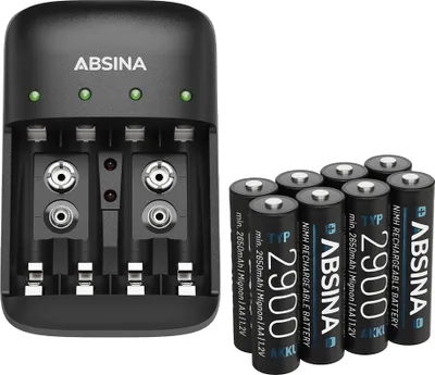 A battery charger and a set of rechargeable batteries are displayed on a white background.