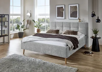Produktbild von Meise Möbel Polsterbett Nova 180x200 cm | Doppelbett | Bettgestell | gestepptes Kopfteil | Webstoff Grau | Holzfuß eichefarbig