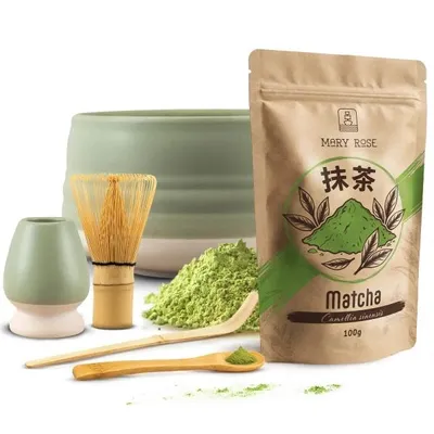 Produktbild von Mary Rose - Matcha Tee Set 100g - Pulver Grüner Tee - Keramik Grün Higashi Matchawan Schale 500ml, Kusenaoshi Besenhalter - Bambus Chasen Besen