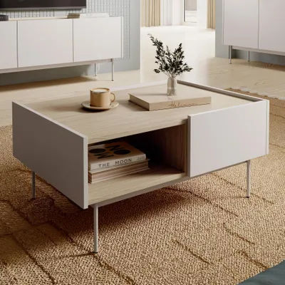 Produktbild von Moderner Couchtisch LUMO Ł2SZ Kaschmir Matt Eiche Linea auf Metallfüßen Beistelltisch Wohnzimmertisch