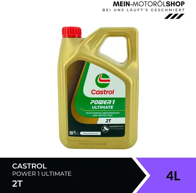A gold plastic bottle of Castrol Power 1 Ultimate 2T motorcycle oil is shown against a white background. Text and logos are visible on the bottle and in the header.