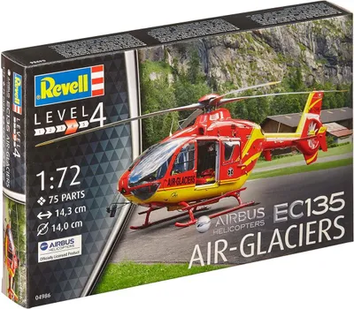 Imagen del producto de Kit de modelismo Revell del helicóptero de rescate EC135 de Air-Glaciers, con cabina y rotor Fenestron