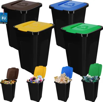 Produktbild von KOTARBAU® Müllbehälter mit Deckel 4er Set Gelb Blau Grün Braun Mülltrennungssystem Haushalt Mülltonne 50l mit Deckel Mülltrennsystem Abstellraum Abfalltonne mit Deckel Werkstatt Mülleimer 50 Liter