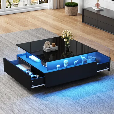 Produktbild von MODFU Couchtisch Wohnzimmertisch LED-Hochglanz für Wohnzimmer, Schlafzimmer, Beistelltisch Quadratischer mit 2 Schubladen und transparentem Präsentationsbereich, Schwarz