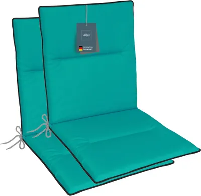 Produktbild von LILENO HOME Gartenstuhl Auflagen als [2er Set - Niedriglehner] in Türkisgrün + Keder Grau - bequeme Liegen als Sitzauflagen für Gartenmöbel - Stuhlkissen für Gartenstühle und Klappstühle