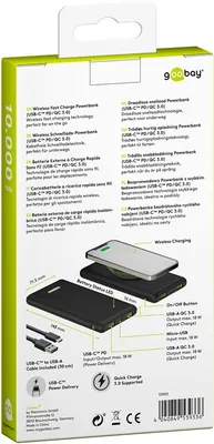 Obrázok produktu pre Goobay 53933, 10000 mAh, Lítium polymér (lipo), Quick Charge 3.0, Bezdrôtové nabíjanie, 3,7 V, Čierna