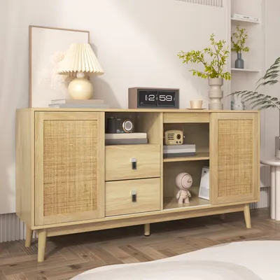 Obrázek produktu pro MODFU Kuchyňská skříň s 3 ratanovými dveřmi a 2 šuplíky, skříň bufet pro obývací pokoj, ložnici, dětský pokoj, studentský pokoj a kancelář, Dřevěná barva