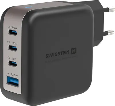 Immagine prodotto di Swissten, caricatore GaN da 100W 3x USB-C + USB a ricarica rapida compatto, nero