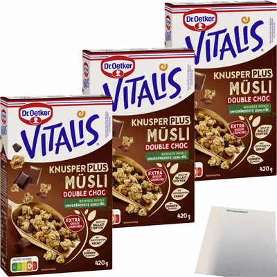 Produktbild von Dr.Oetker Vitalis Knusper Plus Müsli Double Choc 3er Pack (3x420g Packung) + usy Block