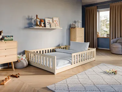 Image de Lit d'enfant lit de sol 140x200 cm lit avec protection contre les chutes & sommier Montessori lit enfant lit adolescent | naturel pin massif garçon fille