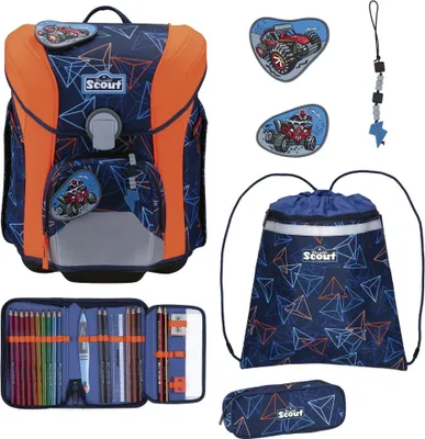 A collection of items from a school set, including a backpack, pencil case, and drawstring bag, displayed against a white background.