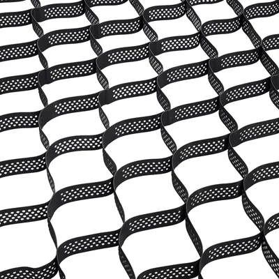 A close-up, angled view of a black honeycomb geogrid structure.
