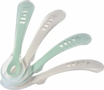 Produktbild von BÉABA - Silikonlöffel für Babys und Kleinkinder - 4er-Set - ab 8 Monaten - Weich - Abgerundete Kanten - Ergonomischer Griff - Grau und Salbeigrün
