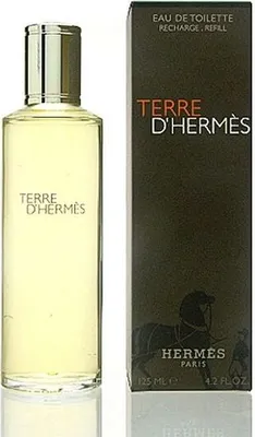 A bottle of Terre D'Hermes Eau de Toilette and its packaging are displayed side-by-side against a white background.
