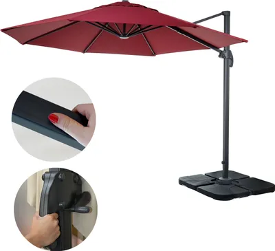 Produktbild von Gastronomie-Ampelschirm HWC-A96, Sonnenschirm, rund Ø 3m Polyester Alu/Stahl 23kg  bordeaux mit Ständer, drehbar