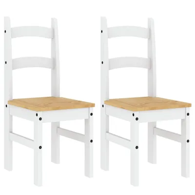 Two white and wood chairs are shown against a white background.