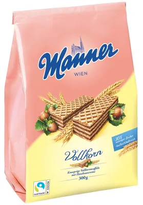 Immagine prodotto di Manner wafer integrali a ridotto contenuto di zucchero con ripieno di crema alla nocciola 300g