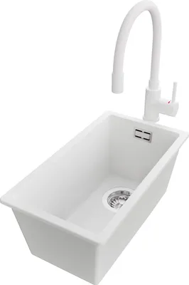Produktbild von PRIMAGRAN Granitspüle Weiß 26x47cm, Spülbecken 1 Becken + Küchenarmatur 38x14cm + Ablauf-Set, Küchenspüle ab 30er Unterschrank - London Slim