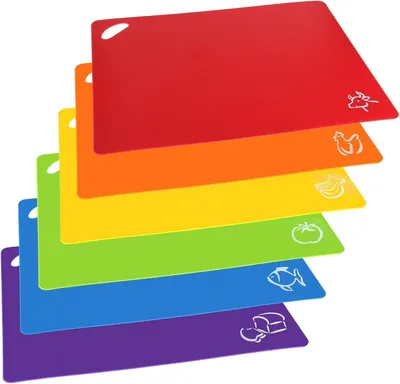 Produktbild von Schneidebretter/Schneidematten, 6er-Set, flexibel, spülmaschinenfest, BPA-frei, rutschfest, Kunststoff, mit Lebensmittelsymbolen, große Größe 38 x 30,5 cm
