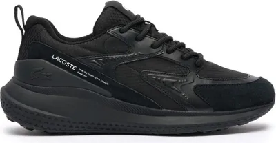 A black Lacoste sneaker is shown from the side against a white background.