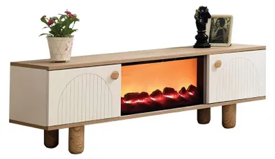 Produktbild von Luxus Beiges Holz TV-Lowboard mit Kamin TV-Möbel
